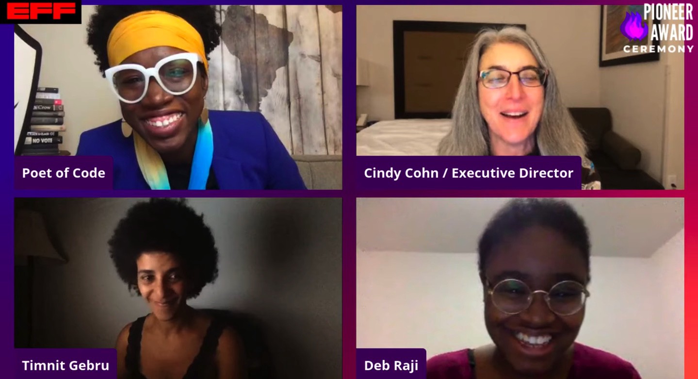 Split screen from a video conference software featuring four individuals: Joy Buolomwini, Timnit Gebru, Cindy Cohn, and Deb Raji.